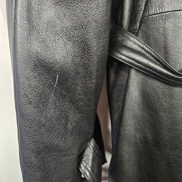 Vtg Baracuta Trench Coat Black Leather Collared Double Breasted Belt Lined Large - Picture 13 of 16